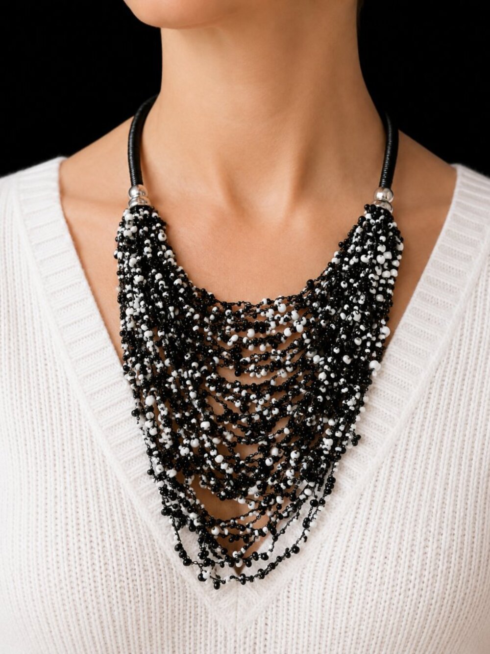 Chico's Beaded Bib Style Necklace Black White Fashion Accessory